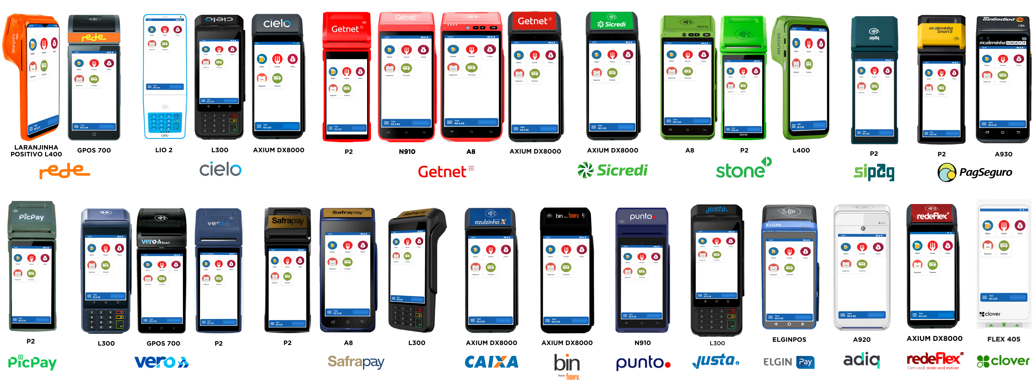 Coleção de dezesseis terminais de pagamento com cartão de diferentes marcas, com interfaces de transação em suas telas